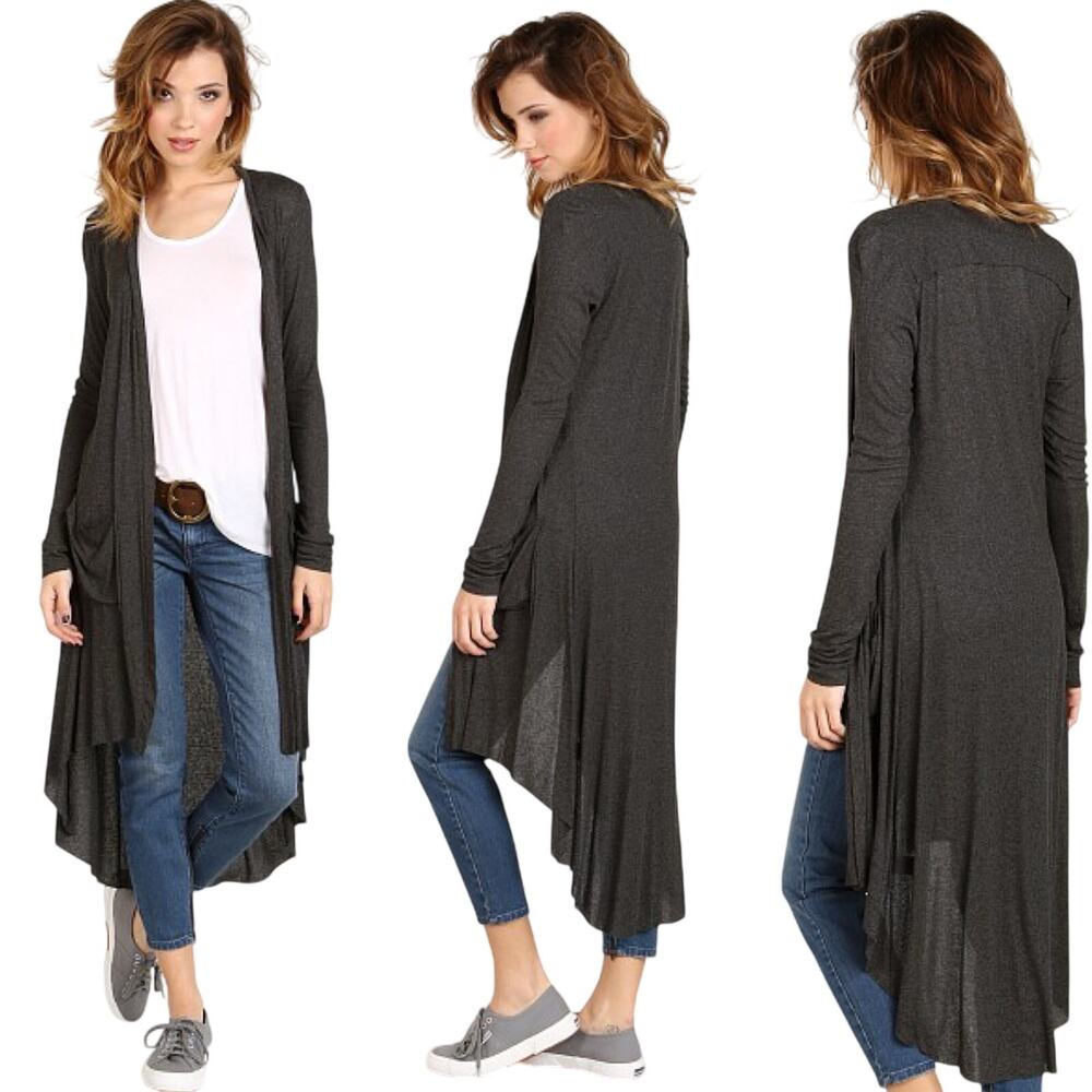Joah Brown Soleil Ribbed Knit Cardigan Heather Grey OpenFront Draped Longline OS